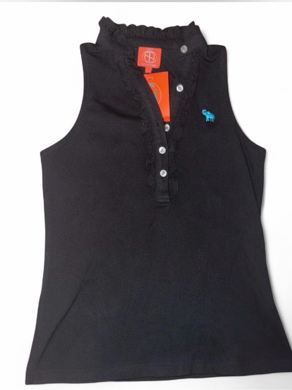 Tracy Negoshian Black Sleeveless Ruffle Polo Top with Blue Logo